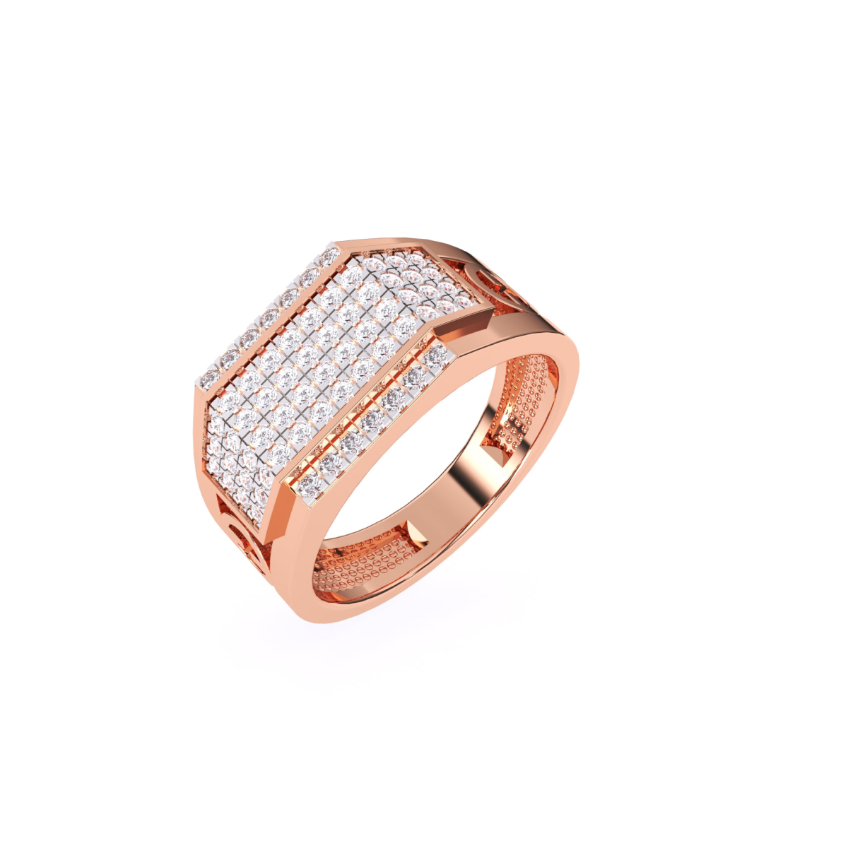 Rectangle Shape Round Diamond With Pave Set Rose Gold Men Ring